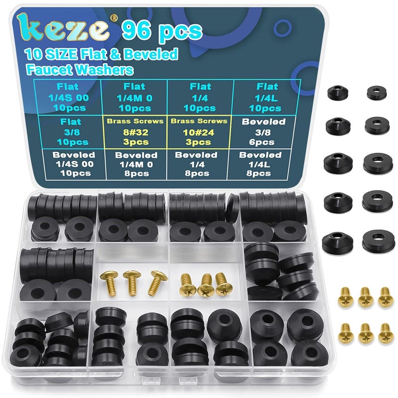 Keze 96 PCS 10 Size Faucet Washers Assorted Kit with Brass Bibb Screws Assortment Flat and Beveled Rubber Washer for DIY Outdoor Faucets Stem Leak Worn Out Seal Repair - Image 1